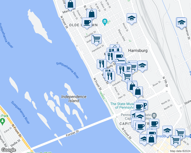 map of restaurants, bars, coffee shops, grocery stores, and more near 1427 North Front Street in Harrisburg