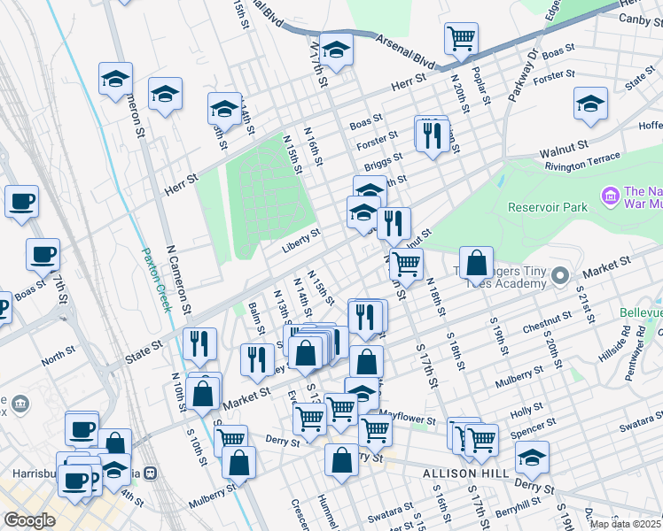map of restaurants, bars, coffee shops, grocery stores, and more near in Harrisburg