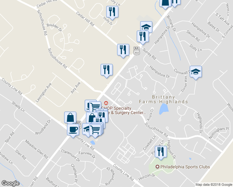 map of restaurants, bars, coffee shops, grocery stores, and more near 106 Remington Court in Chalfont