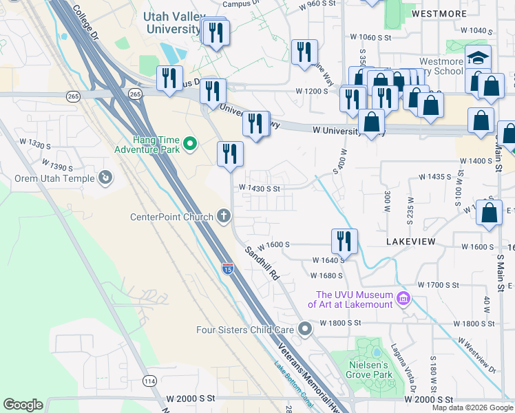 map of restaurants, bars, coffee shops, grocery stores, and more near 577 West 1430 South Street in Orem