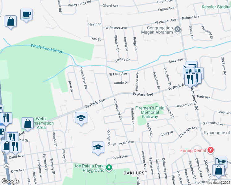 map of restaurants, bars, coffee shops, grocery stores, and more near 45 Whalepond Road in Monmouth County