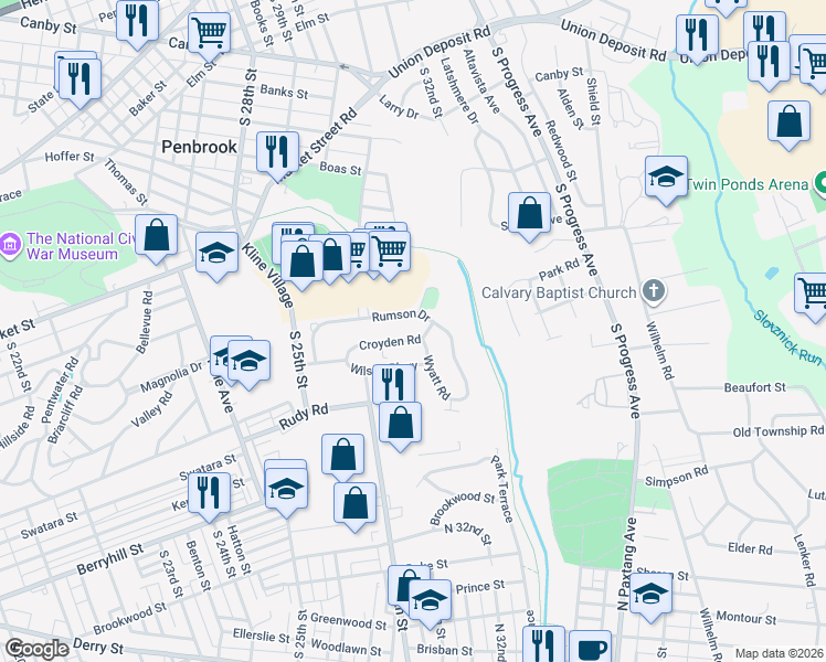 map of restaurants, bars, coffee shops, grocery stores, and more near 259 Rumson Drive in Harrisburg
