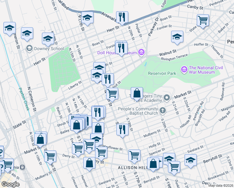 map of restaurants, bars, coffee shops, grocery stores, and more near Walnut Street in Harrisburg