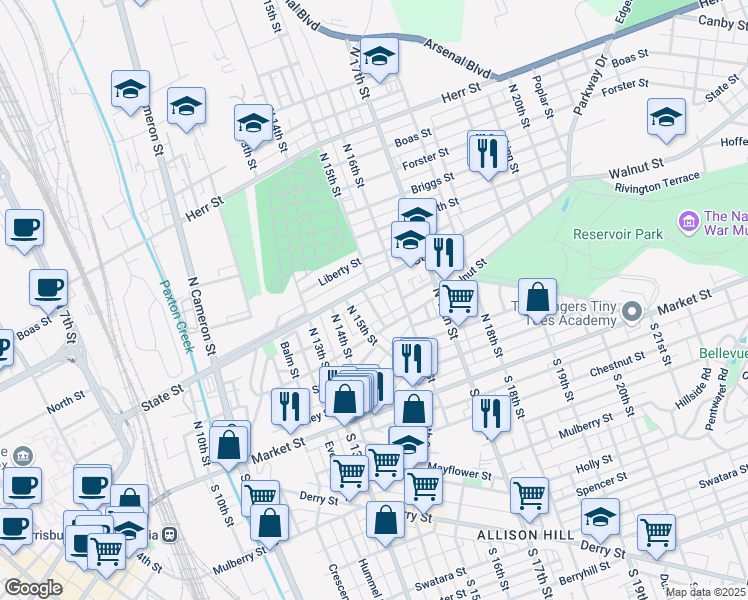map of restaurants, bars, coffee shops, grocery stores, and more near in Harrisburg