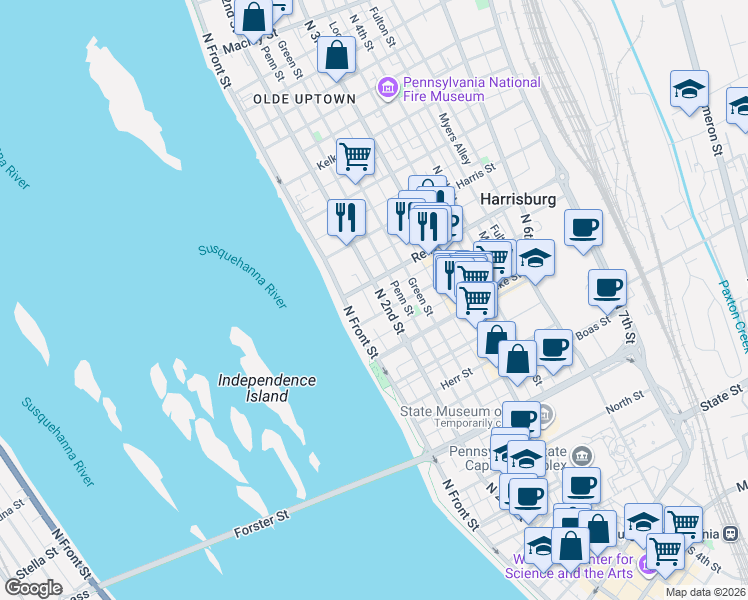 map of restaurants, bars, coffee shops, grocery stores, and more near 1500 North 2nd Street in Harrisburg