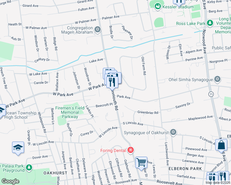 map of restaurants, bars, coffee shops, grocery stores, and more near 341 Laird Street in Monmouth County