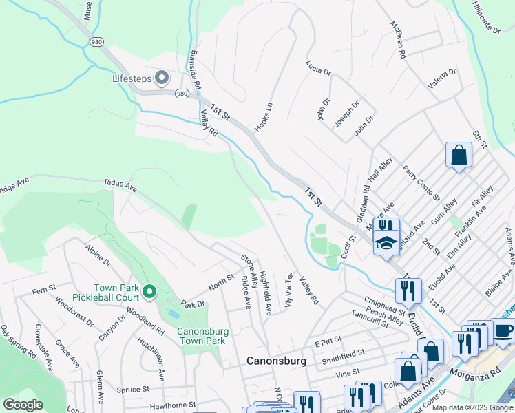 map of restaurants, bars, coffee shops, grocery stores, and more near 237 Valley Road in Canonsburg
