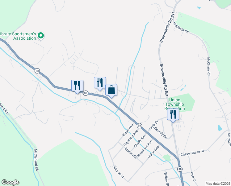 map of restaurants, bars, coffee shops, grocery stores, and more near 123 Valley View Drive in Finleyville