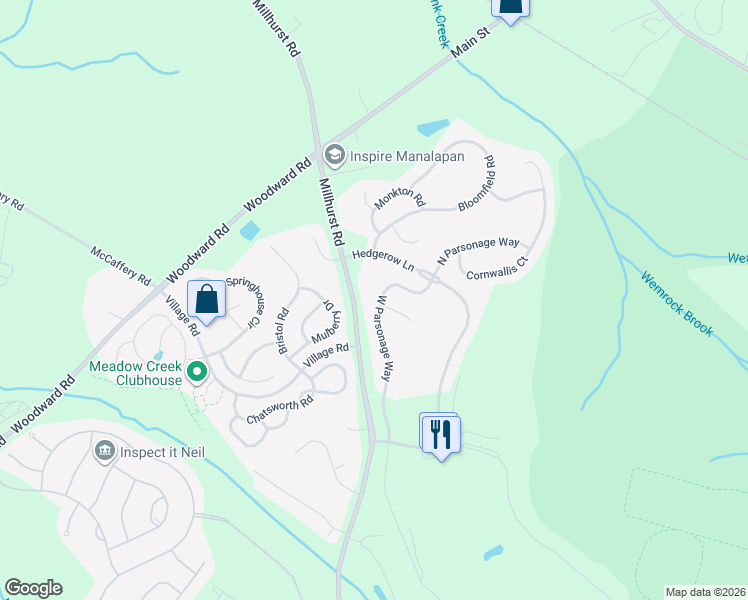map of restaurants, bars, coffee shops, grocery stores, and more near 12 West Parsonage Way in Manalapan Township