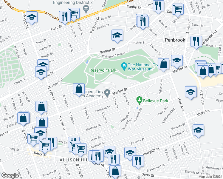 map of restaurants, bars, coffee shops, grocery stores, and more near 20 Taylor Boulevard in Harrisburg