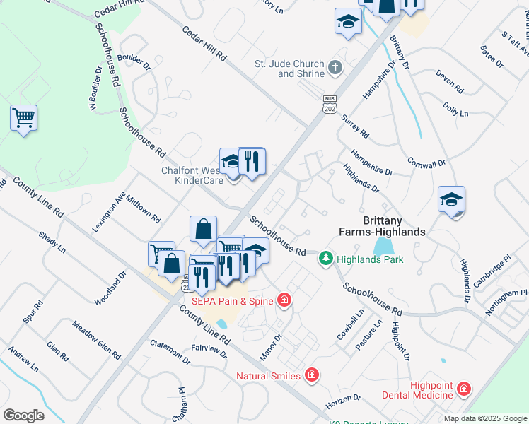 map of restaurants, bars, coffee shops, grocery stores, and more near 511 Remington Court in Chalfont