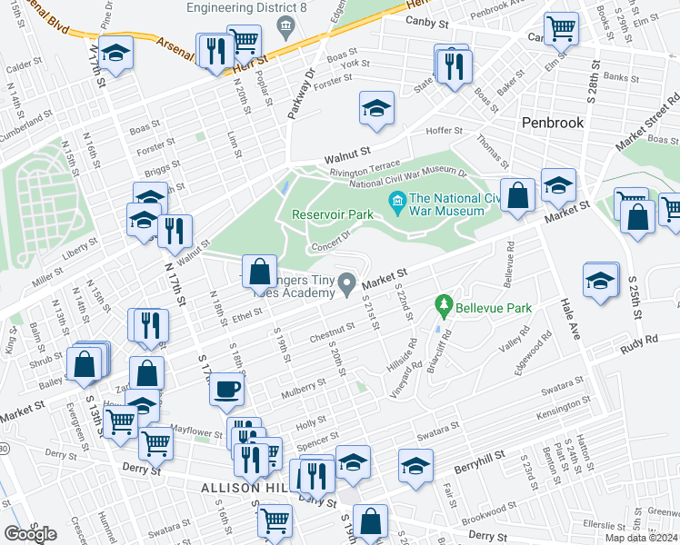 map of restaurants, bars, coffee shops, grocery stores, and more near 2048 Whitehall Street in Harrisburg