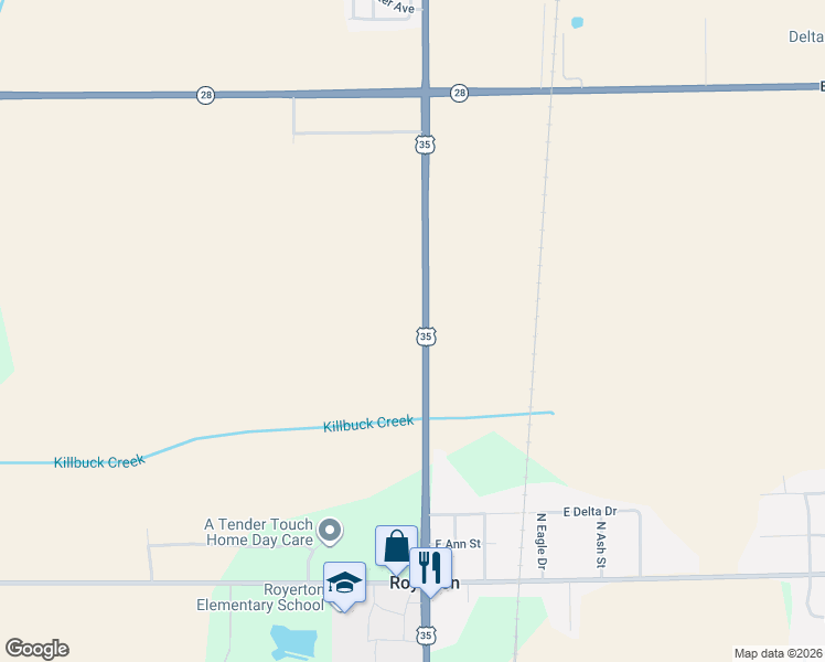 map of restaurants, bars, coffee shops, grocery stores, and more near 8600-9342 N County Road 100 East in Muncie
