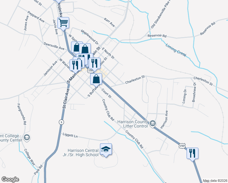 map of restaurants, bars, coffee shops, grocery stores, and more near U.S. 250 in Cadiz