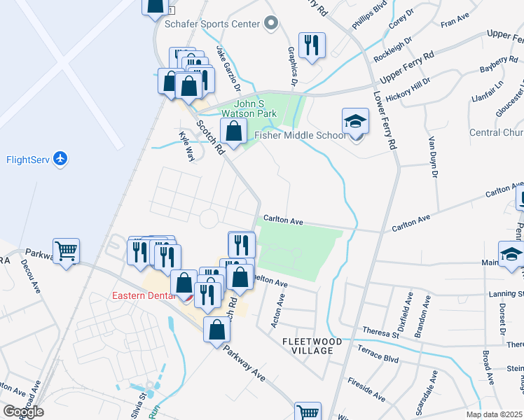 map of restaurants, bars, coffee shops, grocery stores, and more near 90 Scotch Road in Ewing Township