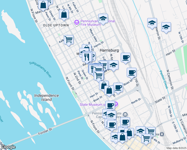 map of restaurants, bars, coffee shops, grocery stores, and more near 1327 Susquehanna Street in Harrisburg