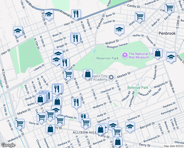 map of restaurants, bars, coffee shops, grocery stores, and more near 1921 Whitehall Street in Harrisburg