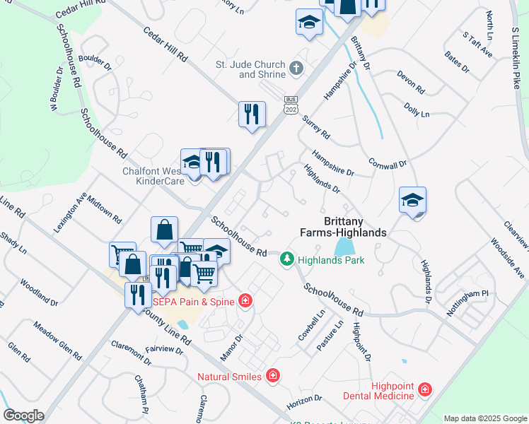 map of restaurants, bars, coffee shops, grocery stores, and more near 4 Queens Circle in Chalfont