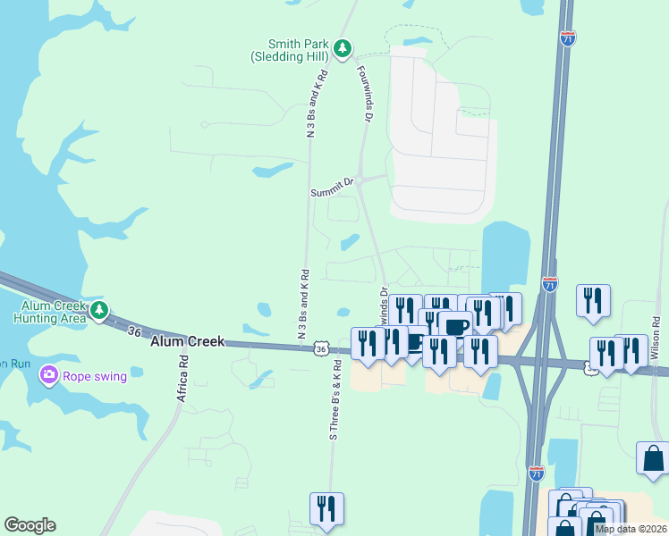 map of restaurants, bars, coffee shops, grocery stores, and more near 225 North 3 Bs and K Road in Sunbury