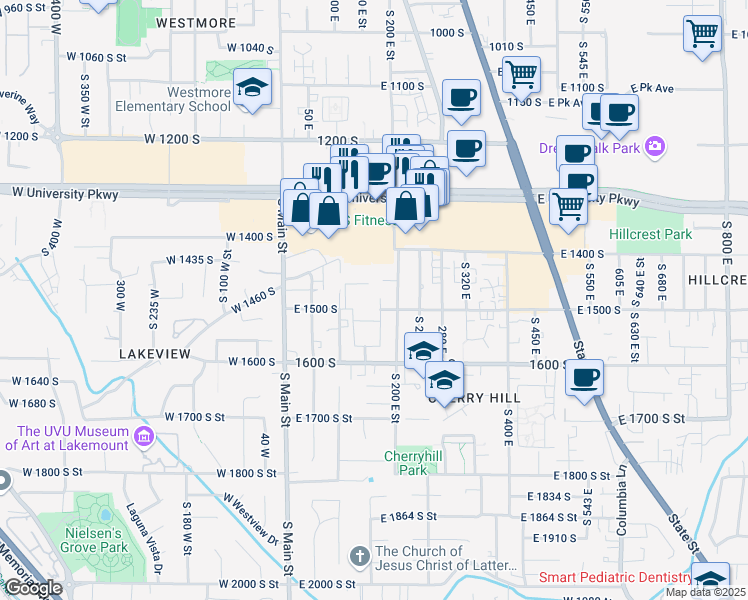 map of restaurants, bars, coffee shops, grocery stores, and more near 152 East 1460 South in Orem