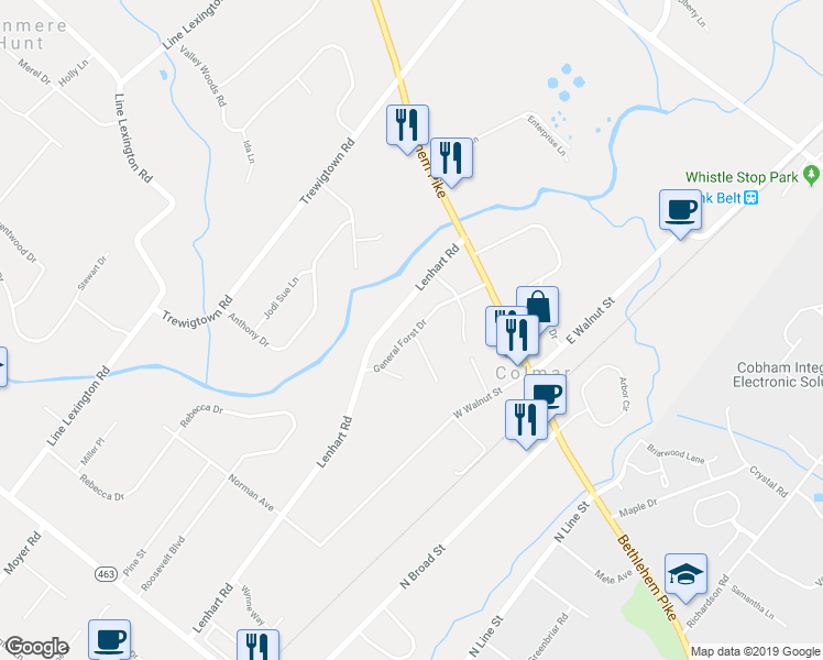 map of restaurants, bars, coffee shops, grocery stores, and more near 2619 General Forst Drive in Colmar