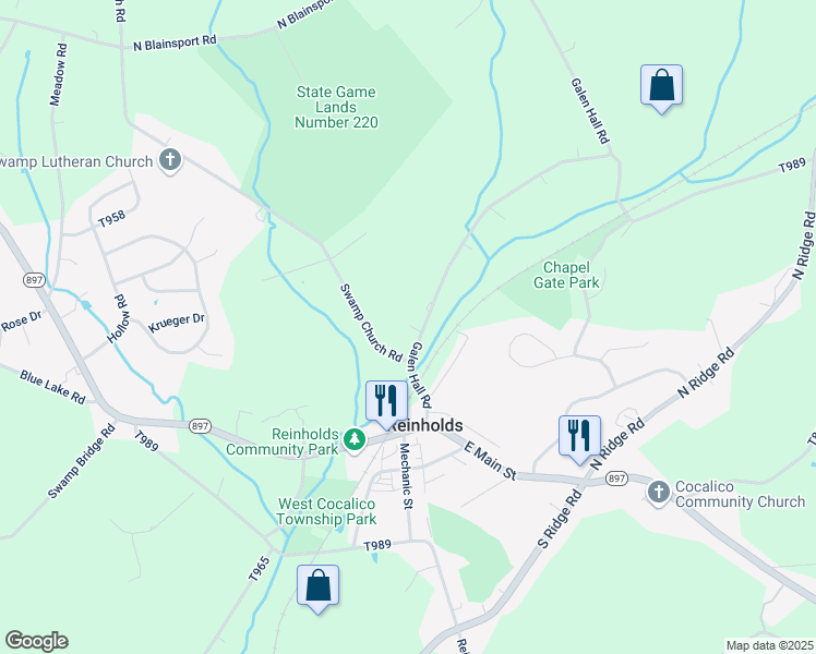 map of restaurants, bars, coffee shops, grocery stores, and more near 135 Galen Hall Road in Reinholds