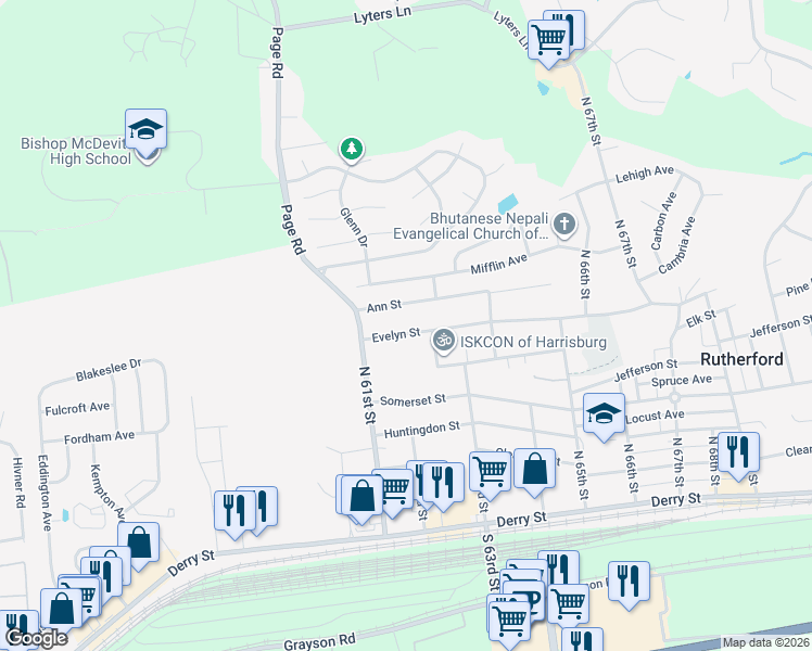 map of restaurants, bars, coffee shops, grocery stores, and more near 6103 Ann Street in Harrisburg