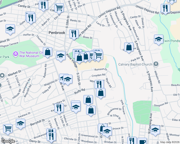 map of restaurants, bars, coffee shops, grocery stores, and more near 198 Kent Lane in Harrisburg