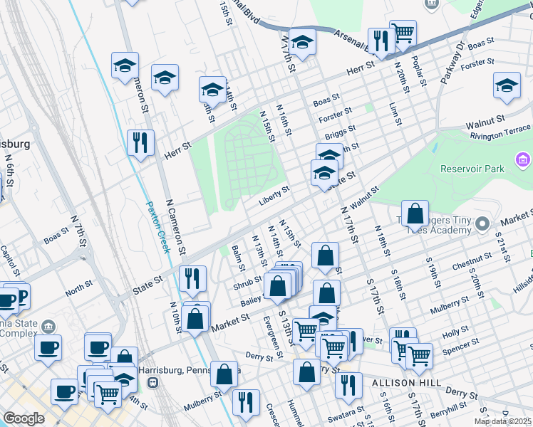 map of restaurants, bars, coffee shops, grocery stores, and more near 1336 State Street in Harrisburg