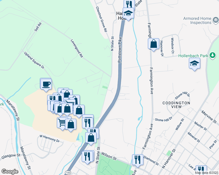 map of restaurants, bars, coffee shops, grocery stores, and more near 1186 North State Street in Pottstown