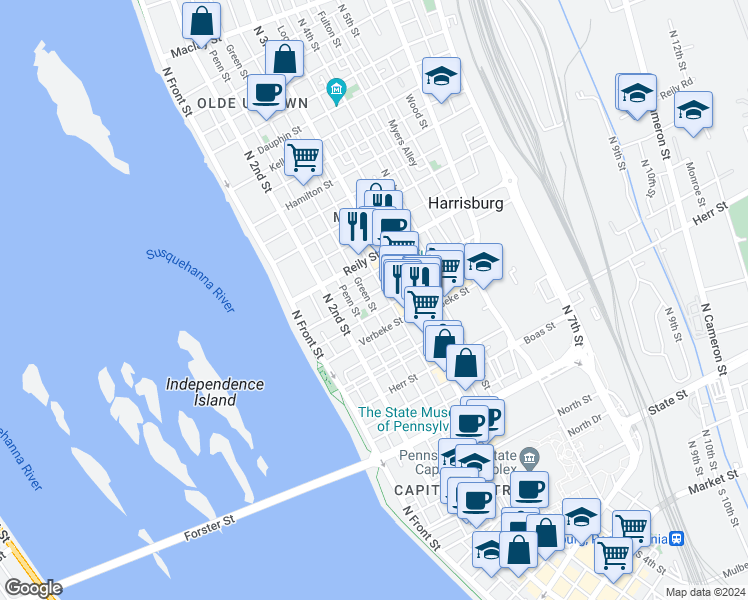 map of restaurants, bars, coffee shops, grocery stores, and more near 1327 Green Street in Harrisburg