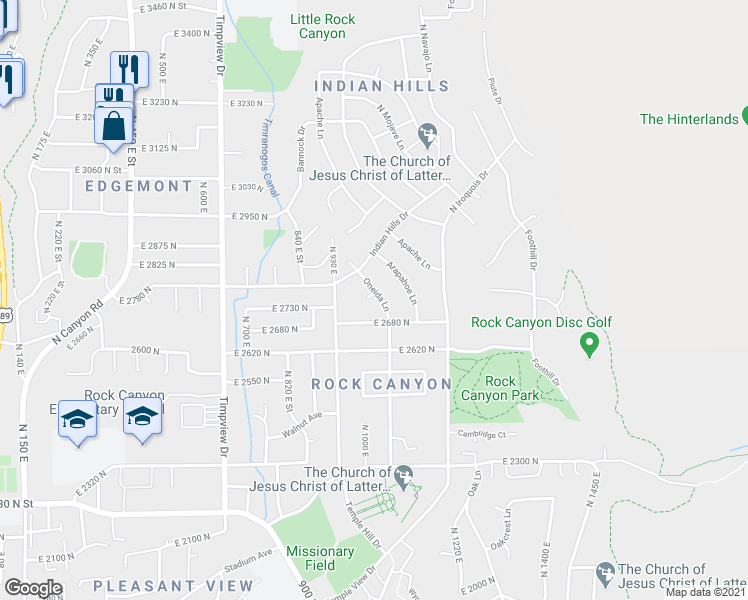 map of restaurants, bars, coffee shops, grocery stores, and more near 2757 Oneida Lane in Provo
