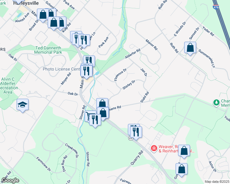 map of restaurants, bars, coffee shops, grocery stores, and more near 263 Kathleen Circle in Harleysville