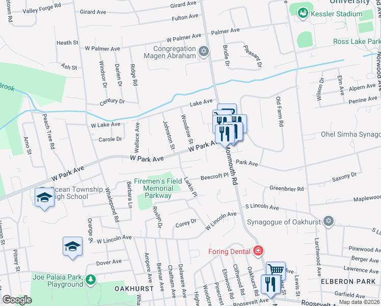 map of restaurants, bars, coffee shops, grocery stores, and more near 389 West Park Avenue in Monmouth County