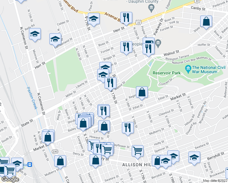 map of restaurants, bars, coffee shops, grocery stores, and more near 99 North 17th Street in Harrisburg