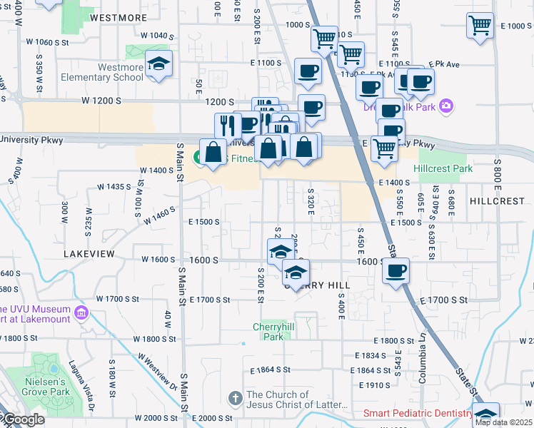 map of restaurants, bars, coffee shops, grocery stores, and more near 1459 200 East in Orem