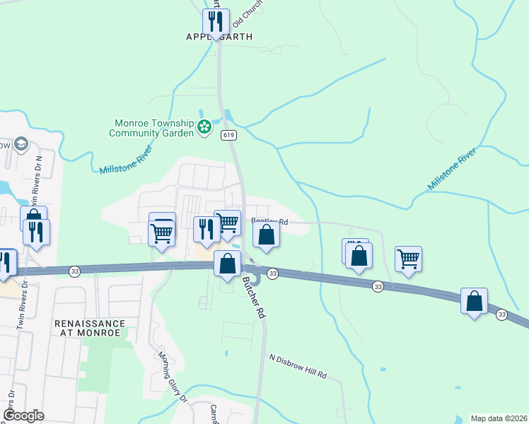 map of restaurants, bars, coffee shops, grocery stores, and more near 105 Matutina Road in Monroe Township