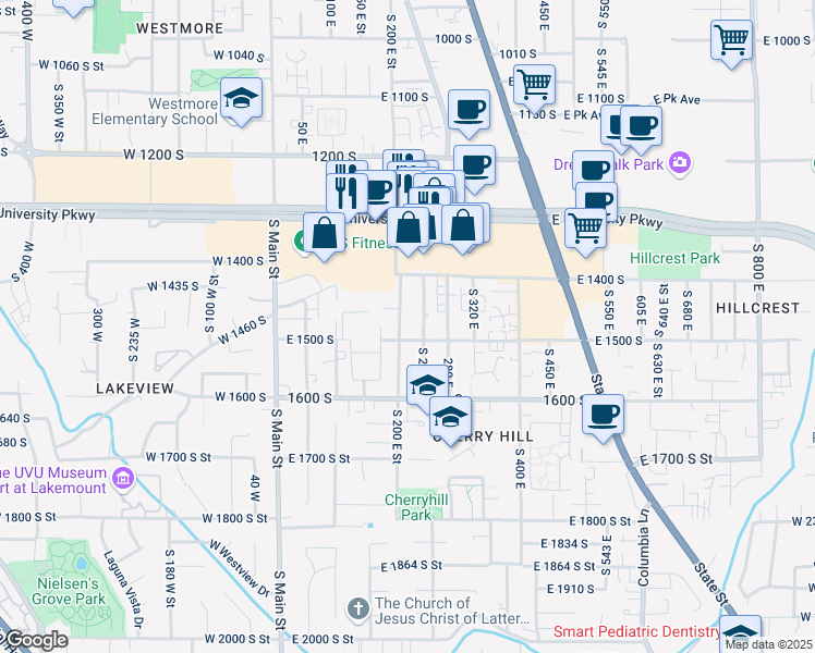 map of restaurants, bars, coffee shops, grocery stores, and more near 1459 200 East in Orem