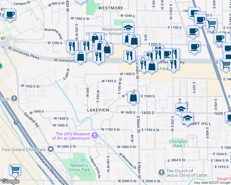 map of restaurants, bars, coffee shops, grocery stores, and more near 1469 South 100 West Street in Orem