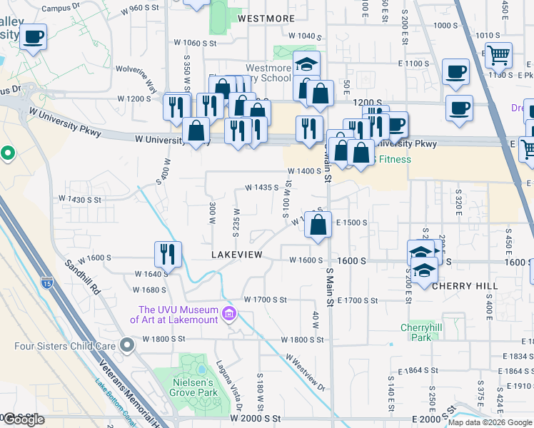 map of restaurants, bars, coffee shops, grocery stores, and more near 1455 South 185 West Street in Orem