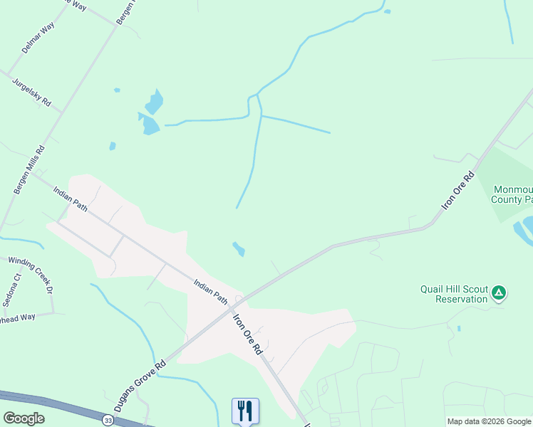 map of restaurants, bars, coffee shops, grocery stores, and more near 45 Iron Ore Road in Manalapan Township