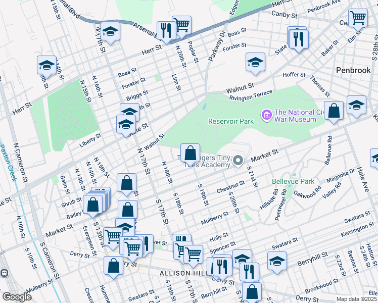 map of restaurants, bars, coffee shops, grocery stores, and more near 1921 Whitehall Street in Harrisburg