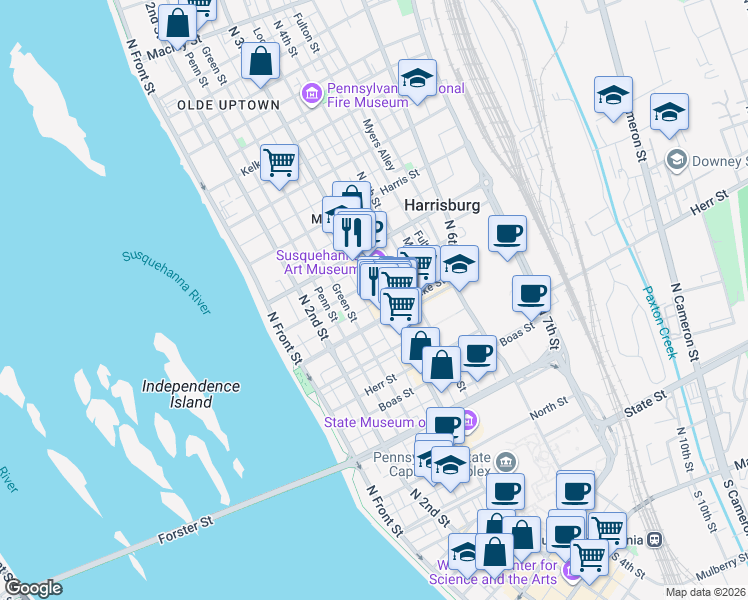 map of restaurants, bars, coffee shops, grocery stores, and more near 1327 Susquehanna Street in Harrisburg