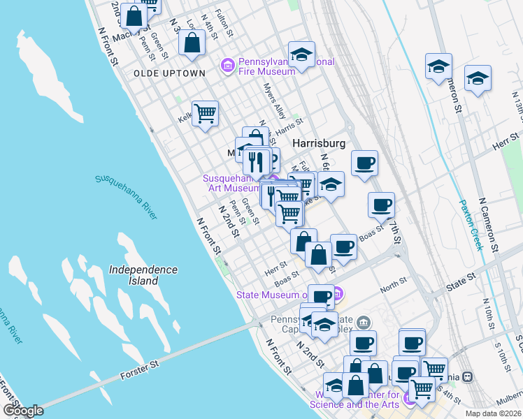map of restaurants, bars, coffee shops, grocery stores, and more near 1327 Susquehanna Street in Harrisburg