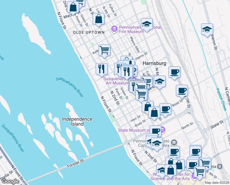 map of restaurants, bars, coffee shops, grocery stores, and more near 1416 Green Street in Harrisburg