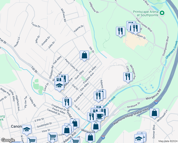map of restaurants, bars, coffee shops, grocery stores, and more near 626 Giffin Avenue in Canonsburg