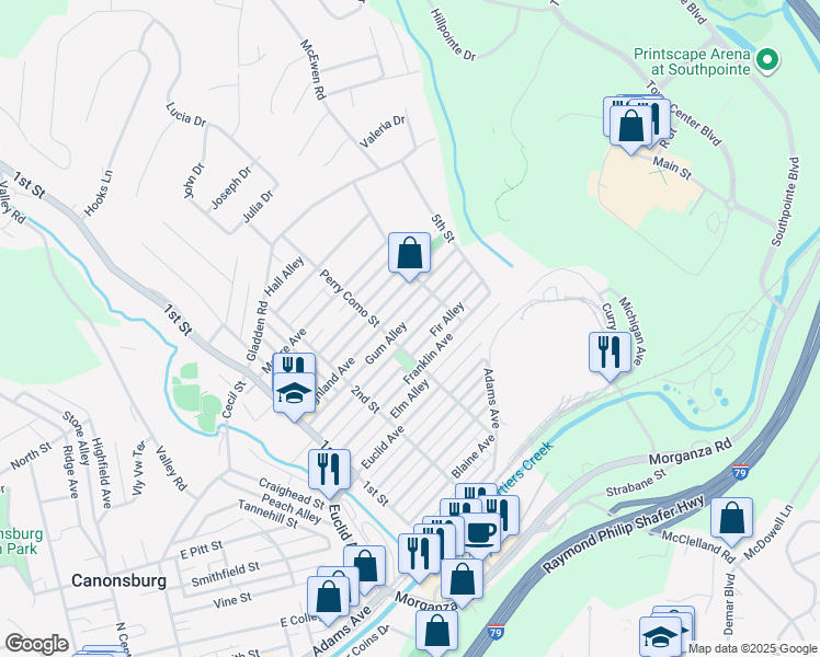 map of restaurants, bars, coffee shops, grocery stores, and more near 614 Highland Avenue in Canonsburg