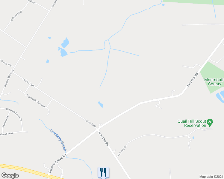 map of restaurants, bars, coffee shops, grocery stores, and more near 45 Iron Ore Road in Manalapan Township