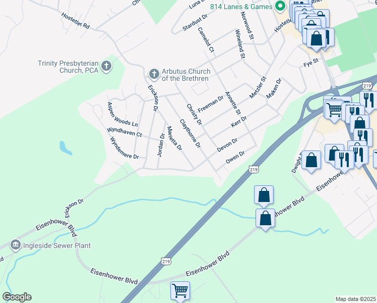 map of restaurants, bars, coffee shops, grocery stores, and more near 1252-1298 Claythorne Drive in Johnstown
