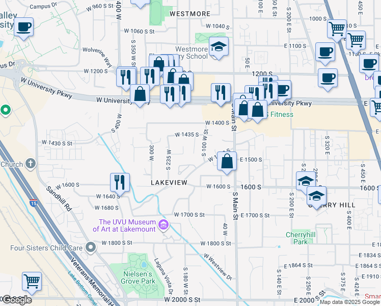 map of restaurants, bars, coffee shops, grocery stores, and more near 1455 South 185 West Street in Orem